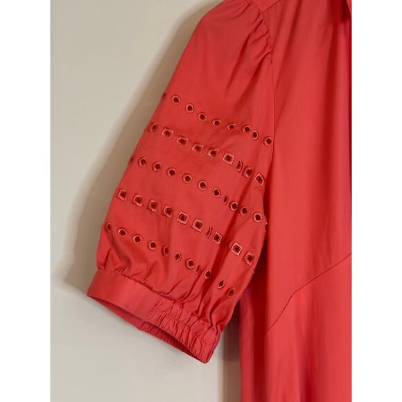 Chico's Women's 8 Split Neck Puff Eyelet Trim Sleeve Orange Cotton Midi Dress - Picture 6 of 12